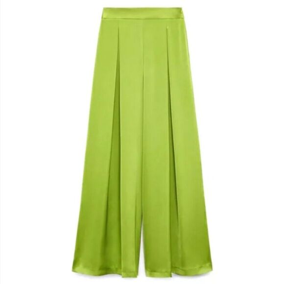 Green Zara Satin-Effect High-Waisted Pleated-Front Palazzo Wide Leg Pants (NWT) - Picture 7 of 10